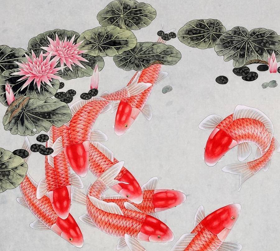 九鱼图,顾名思义,在画中的九条可爱的鲤鱼在水中嬉戏,各具神态.