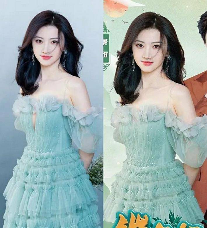 景甜上电视表演,穿的礼服时尚被电视p图,网友:电视
