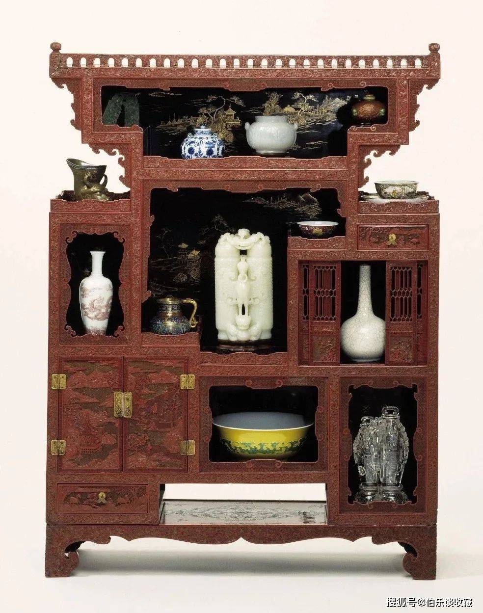 图十三:清红木亮格博古架图十四:清乾隆雕漆多宝阁,英国维多利亚与