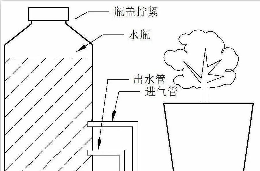 3,给塑料瓶装适量水,拧紧瓶盖,一个自动浇水装置就算完成了