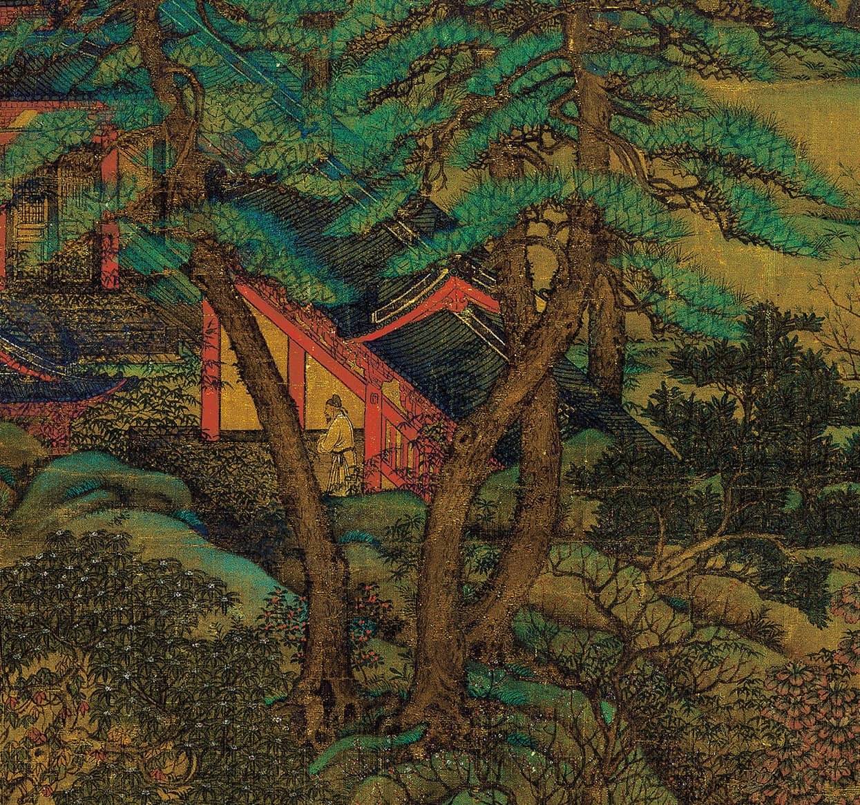 《江帆楼阁图》,唐画佳作,传经久远,深透绢背_山水画_发展_游春图