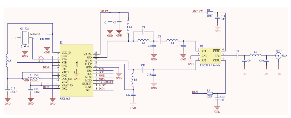 lora射頻電路如圖4所示,sx1268工作在內部dc-dc供電方式下,由於sx1268