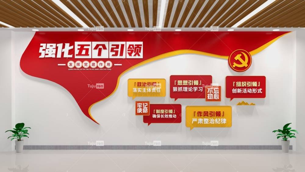 红色大气强化五个引领文化墙下载标语_传统_中华_社会