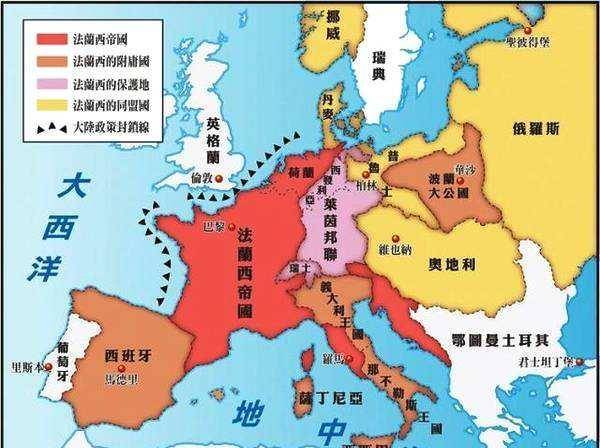极盛时法兰西第一帝国本土包括今天的法国,比利时,卢森堡,德国莱茵河