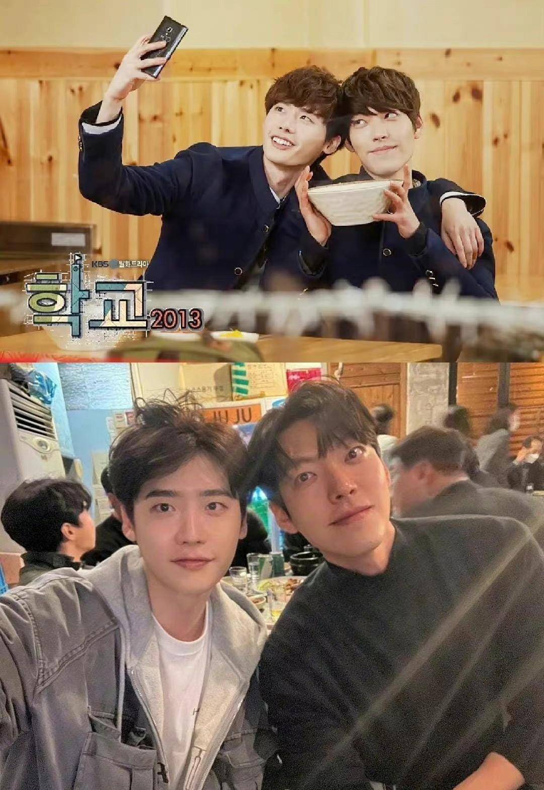 李钟硕金宇彬聚餐照,穿着休闲帅气,头贴头笑对镜头,状态特别好_友谊