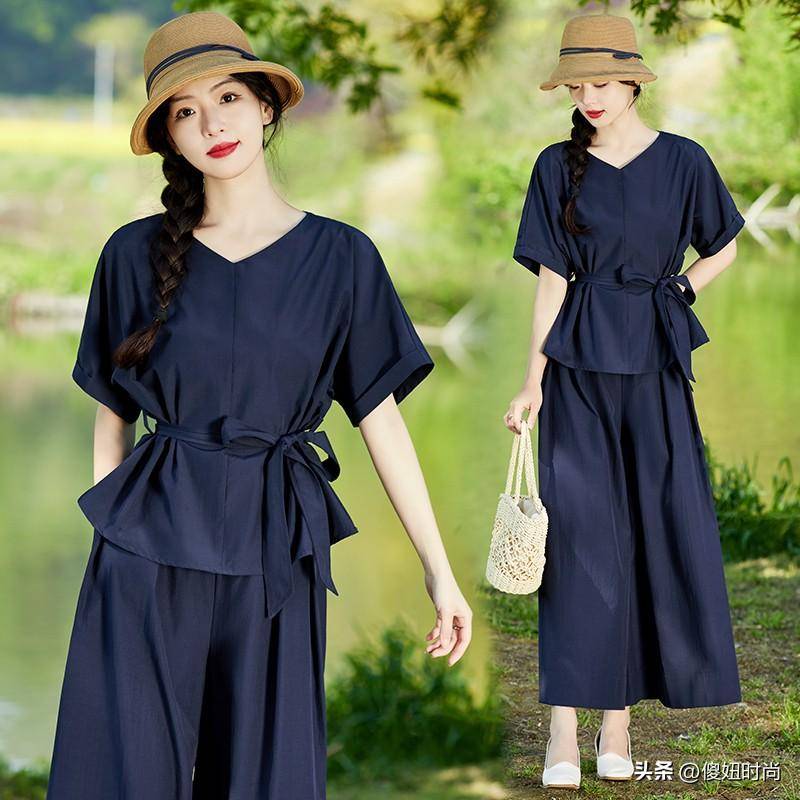 抗皱宽松束带上衣搭配裙裤套装,简单的领口改造领口.