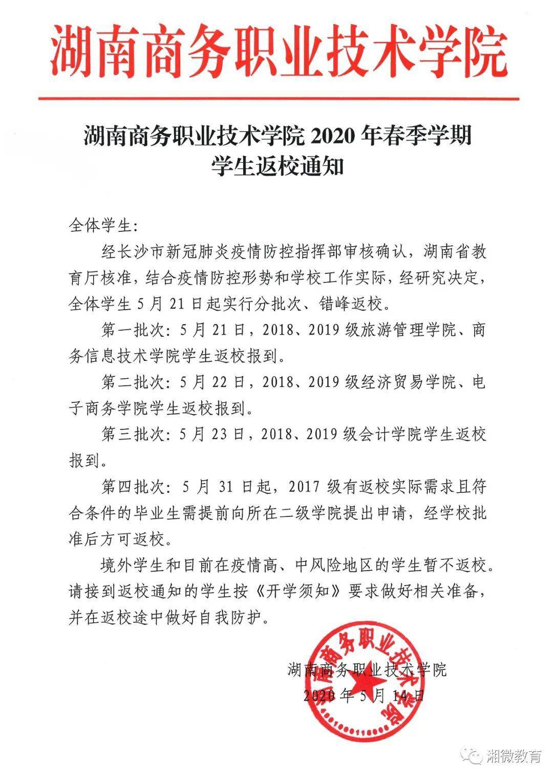 湖南电子科技职业学院第一批医药学院5月18日,19日返校报到,20日上课