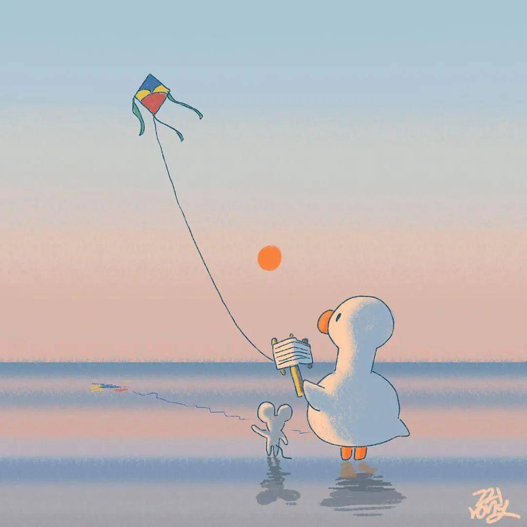 "傍晚在海边放风筝" "希望海鸥会喜欢这个新朋友"