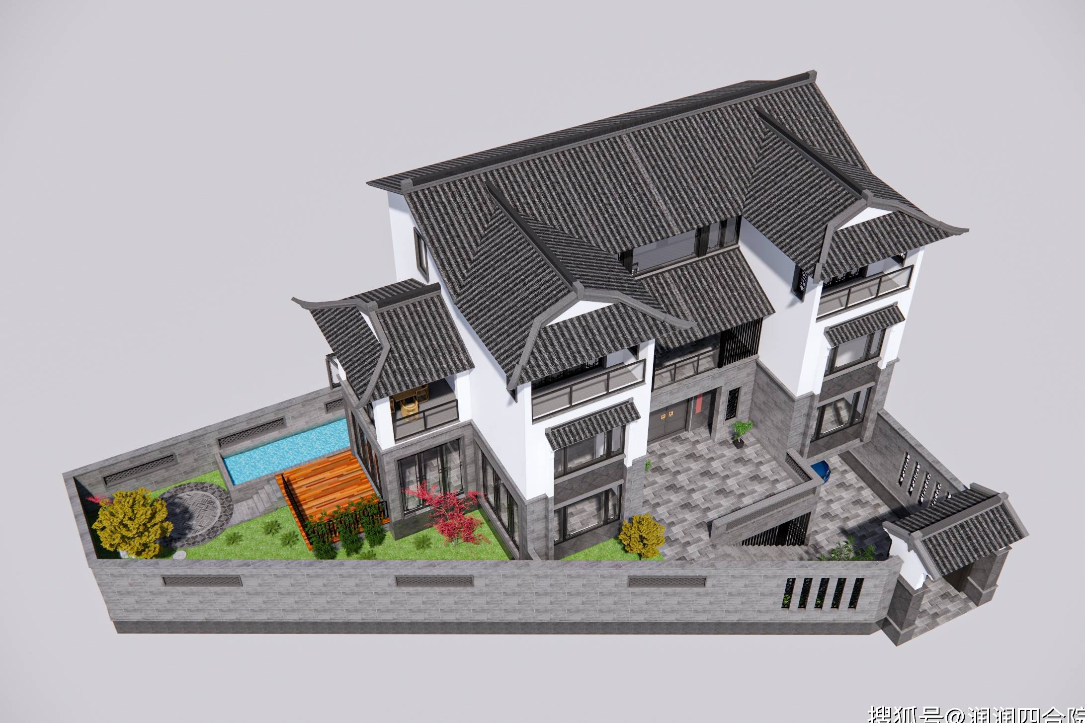 16x11新中式别墅合院三角形的地形建出特殊的美四合院设计