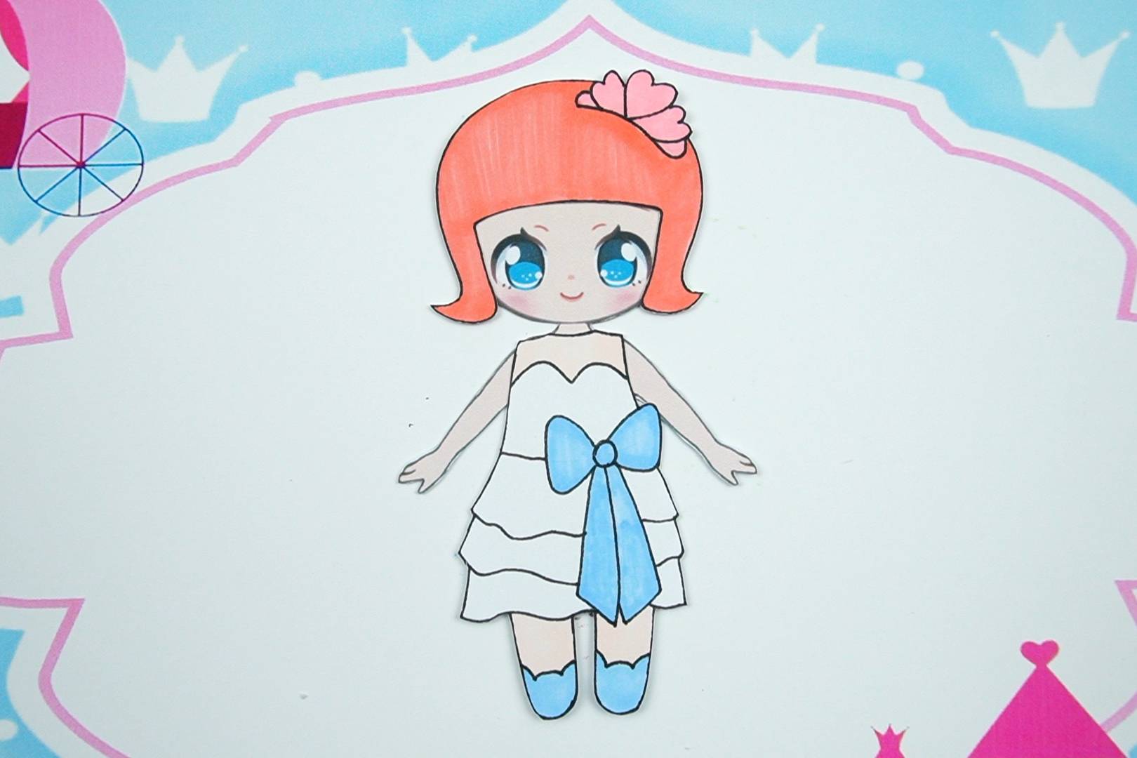 网红女孩创意手工,卡通纸娃娃七月公主