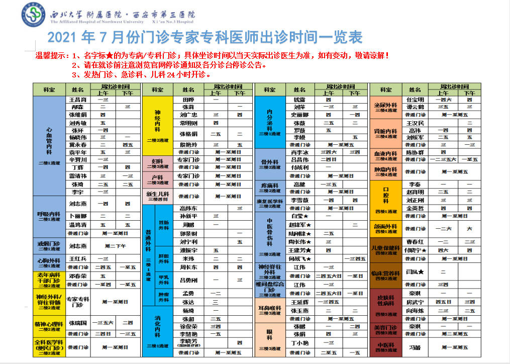 2021年7月西安市第三医院门诊专家专科医师出诊时间附预约挂号指南