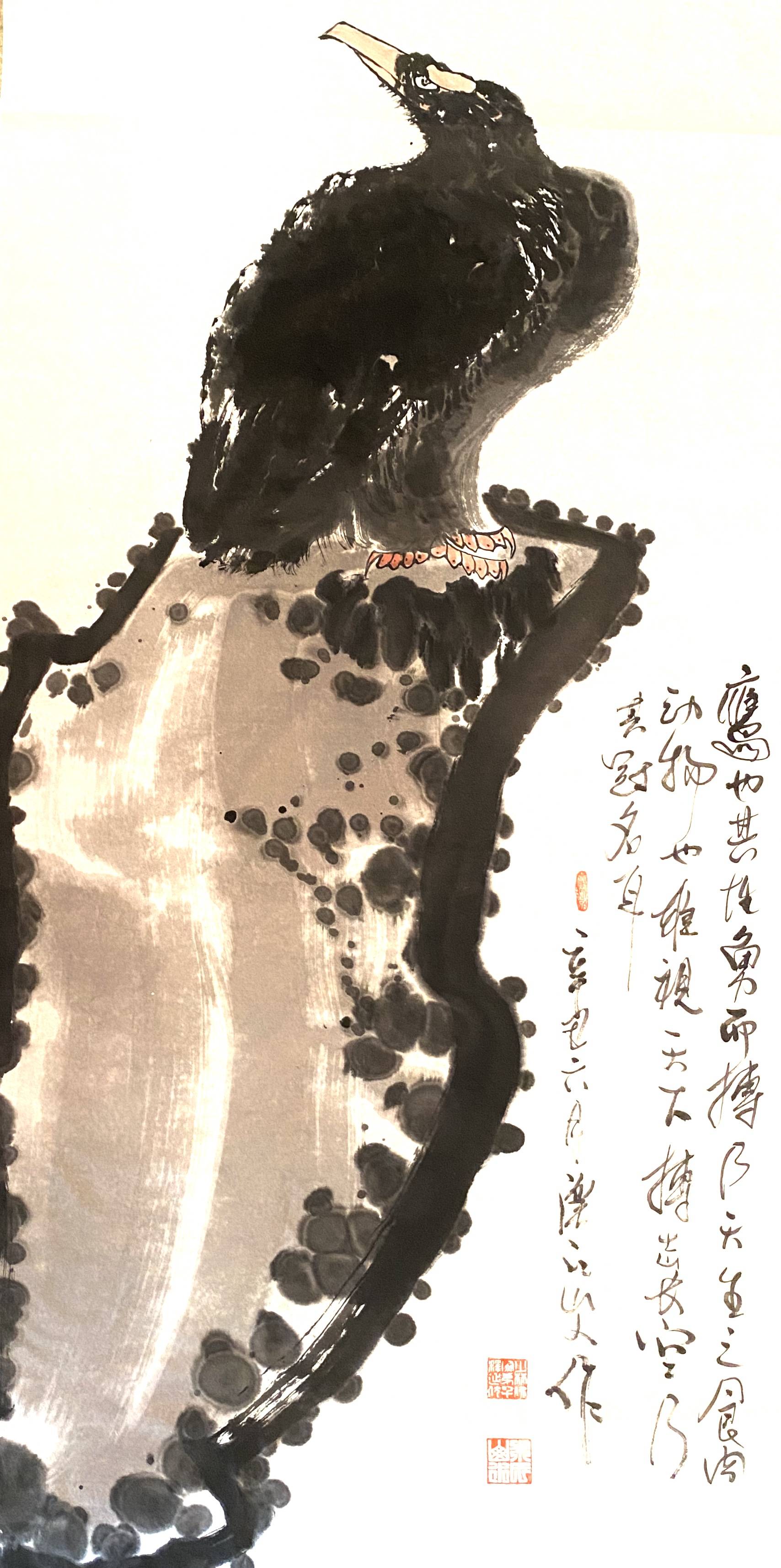 浓墨重笔画雄鹰国画家画鹰大家指墨画艺术大师朱祖国