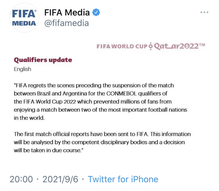 FIFA夷易近圆：巴阿战裁判述讲已经提交 将正在查问制访后做抉择