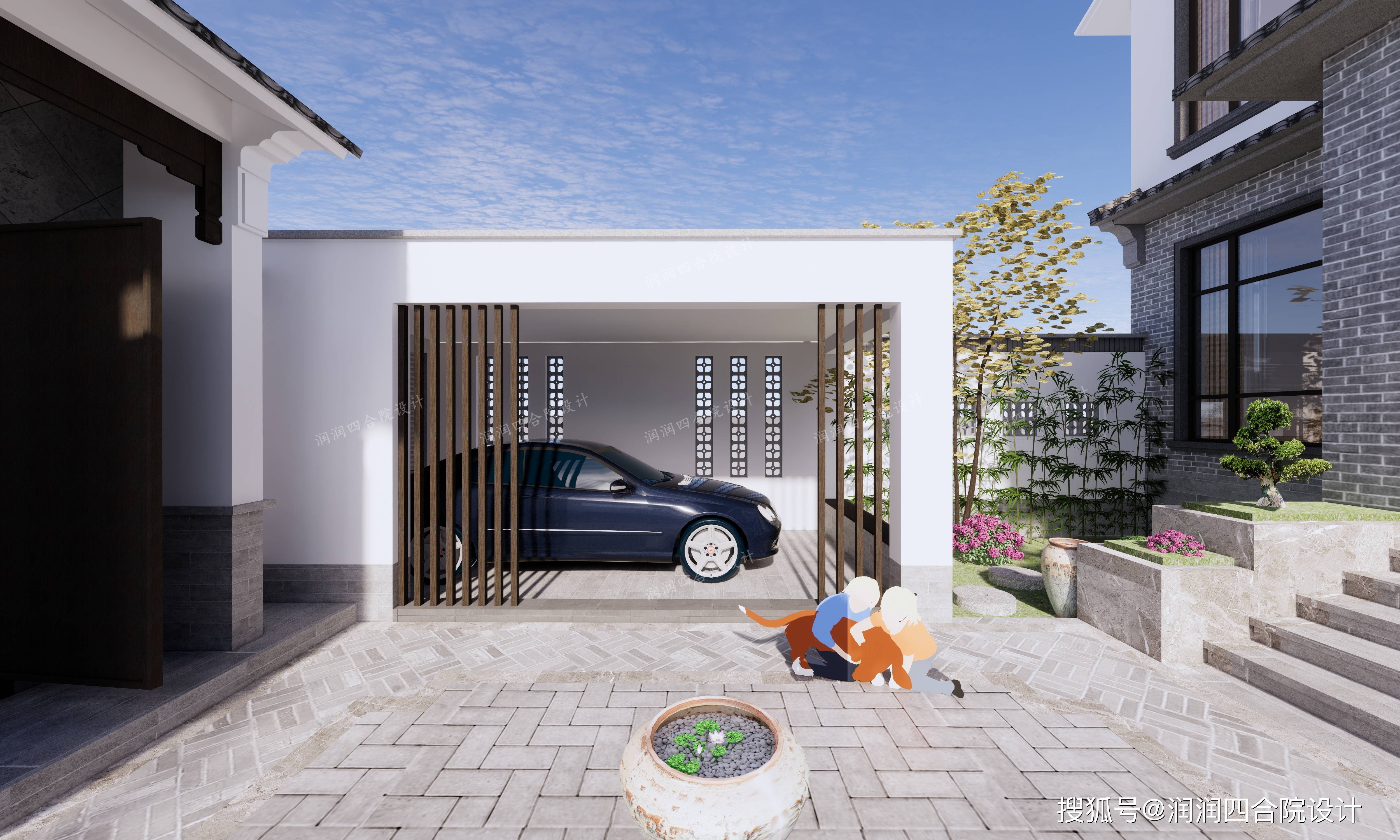 别墅庭院设计效果图,四层豪华新中式带车库