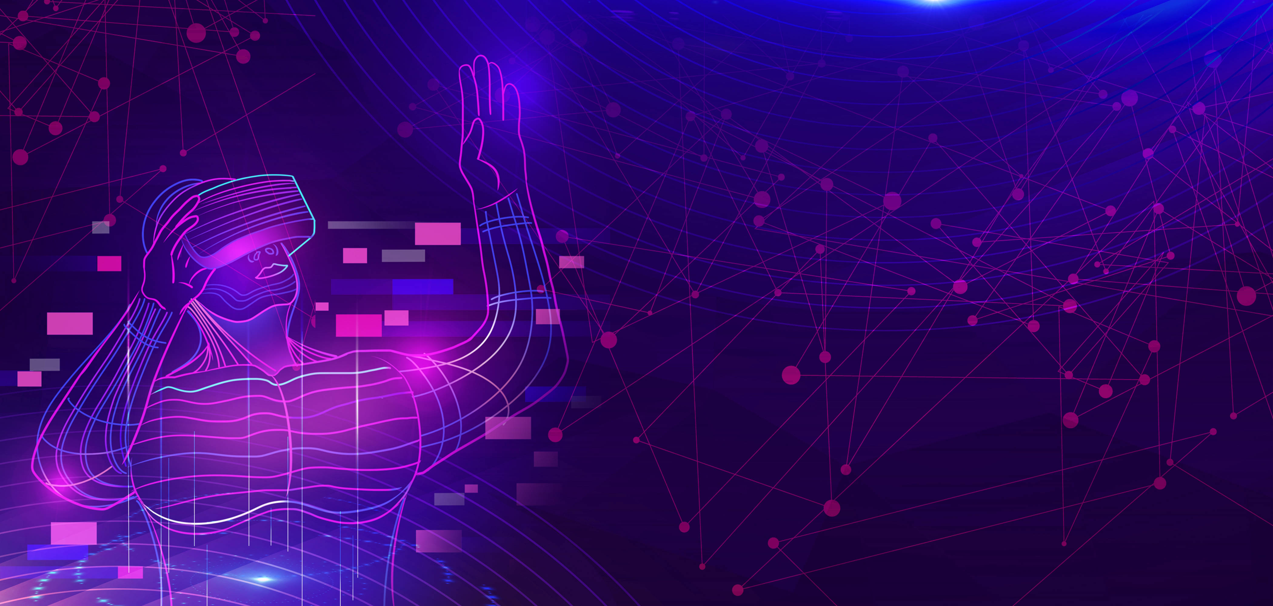 这是一张描绘虚拟现实体验的插图，展示了一个人佩戴头戴式设备，背景是紫色调的抽象数字网络图案。