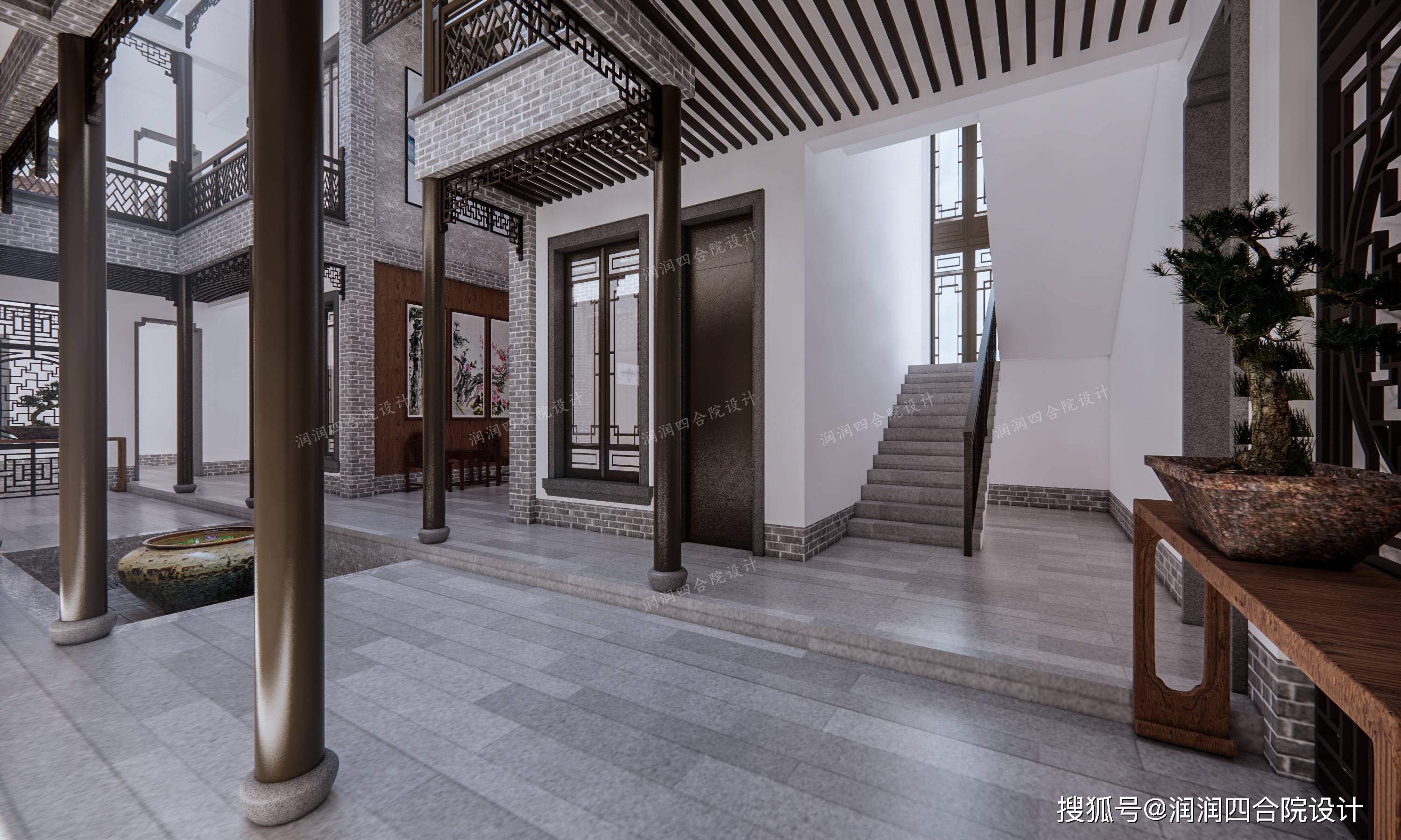 一层右侧的楼梯——润润四合院设计刘鹰原创二层有3个活动厅,作为自家