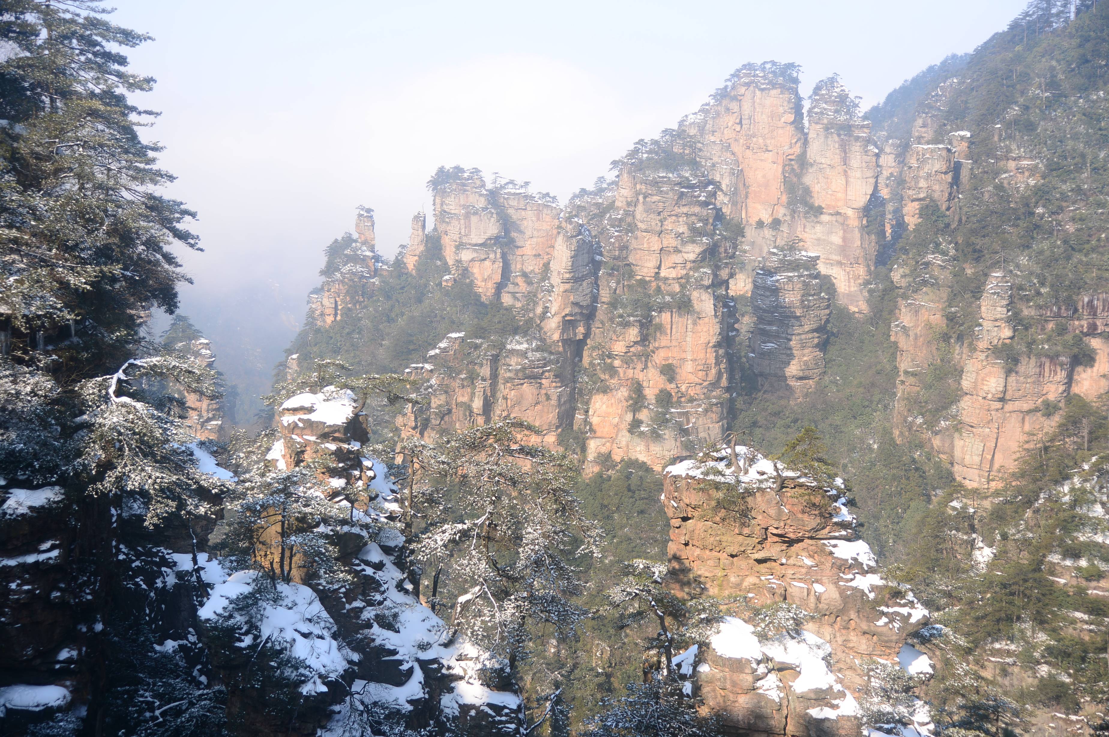 黃石寨景區春雪未盡,山頂霧海金龜,仙女獻花,摘星臺等景點尚餘一層