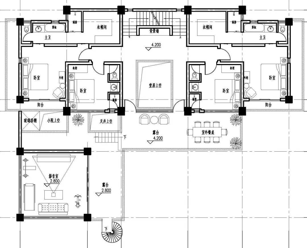 巴中庭院式住宅二层平面:中式现代庭院式住宅设计案例17x22——新民居