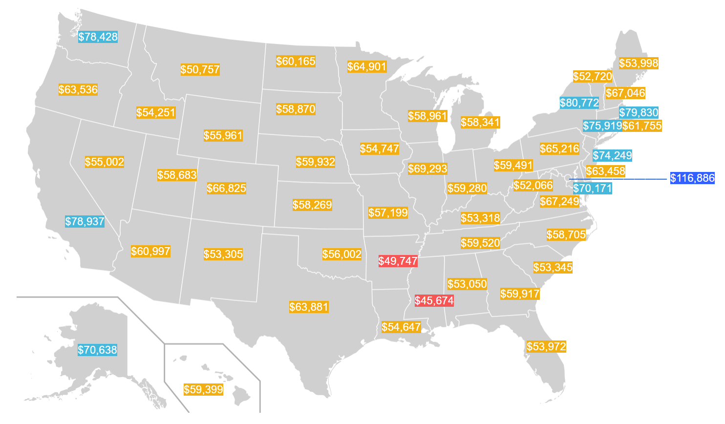 美国工资分布地图：地区差别大，二边高，中间低_搜狐网