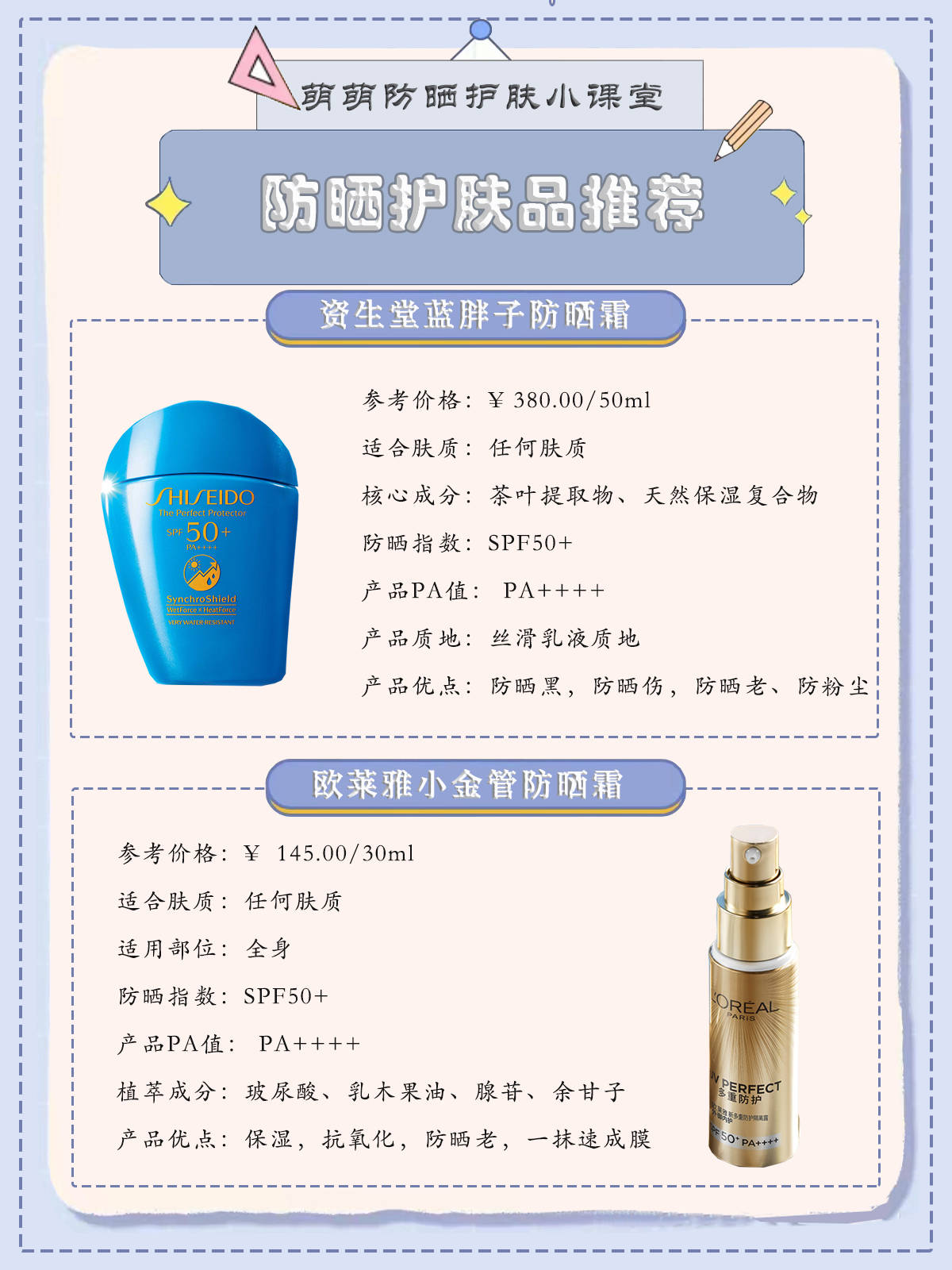 防晒霜推荐:安热沙小金瓶防晒霜兰蔻小白管uv 隔离防晒霜资生堂蓝胖子