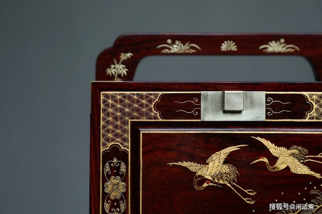 原创鹤品官高小叶紫檀描金手提箱