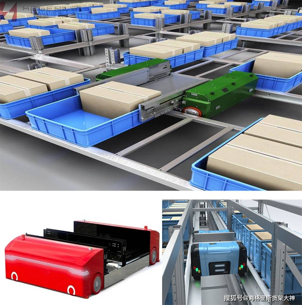 海格里斯hegerls|配有高速货物提升机滚筒输送线设备的料箱四向穿梭车