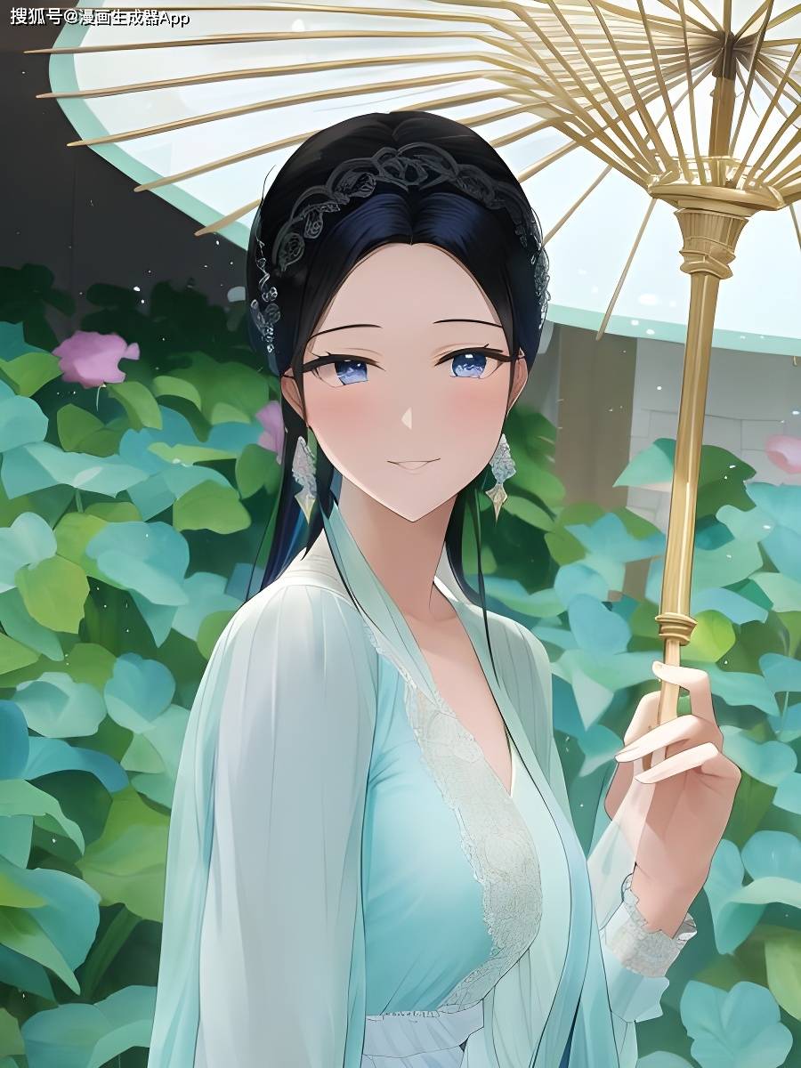 關鍵詞:古風美女,五官精緻,黑色頭髮,綠色衣服,撐著油紙傘,細節豐富