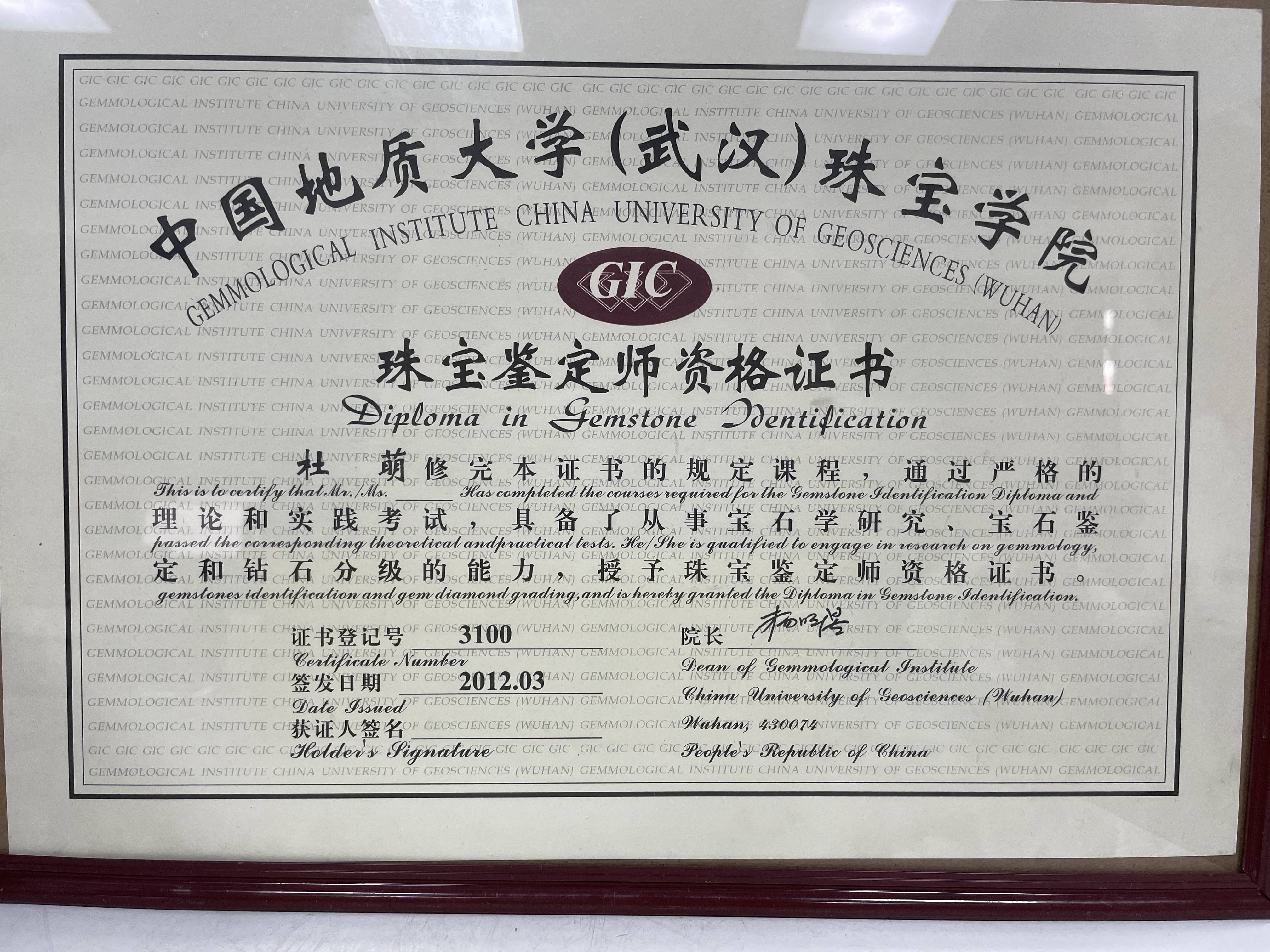gic宝石学证书中国地质大学(武汉)珠宝学院宝石学证书gic钻石分级学