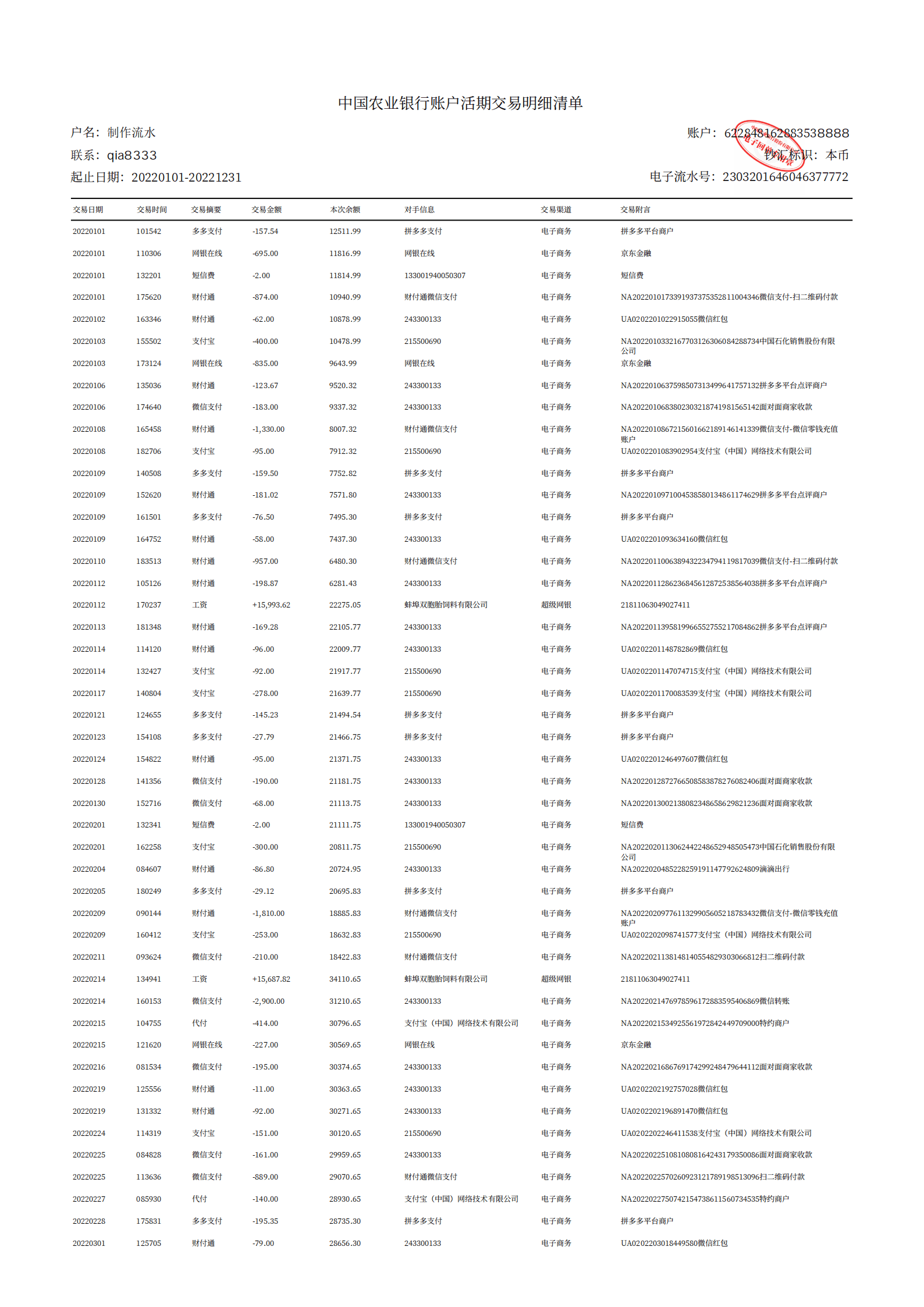 工商銀行工資流水賬單圖片