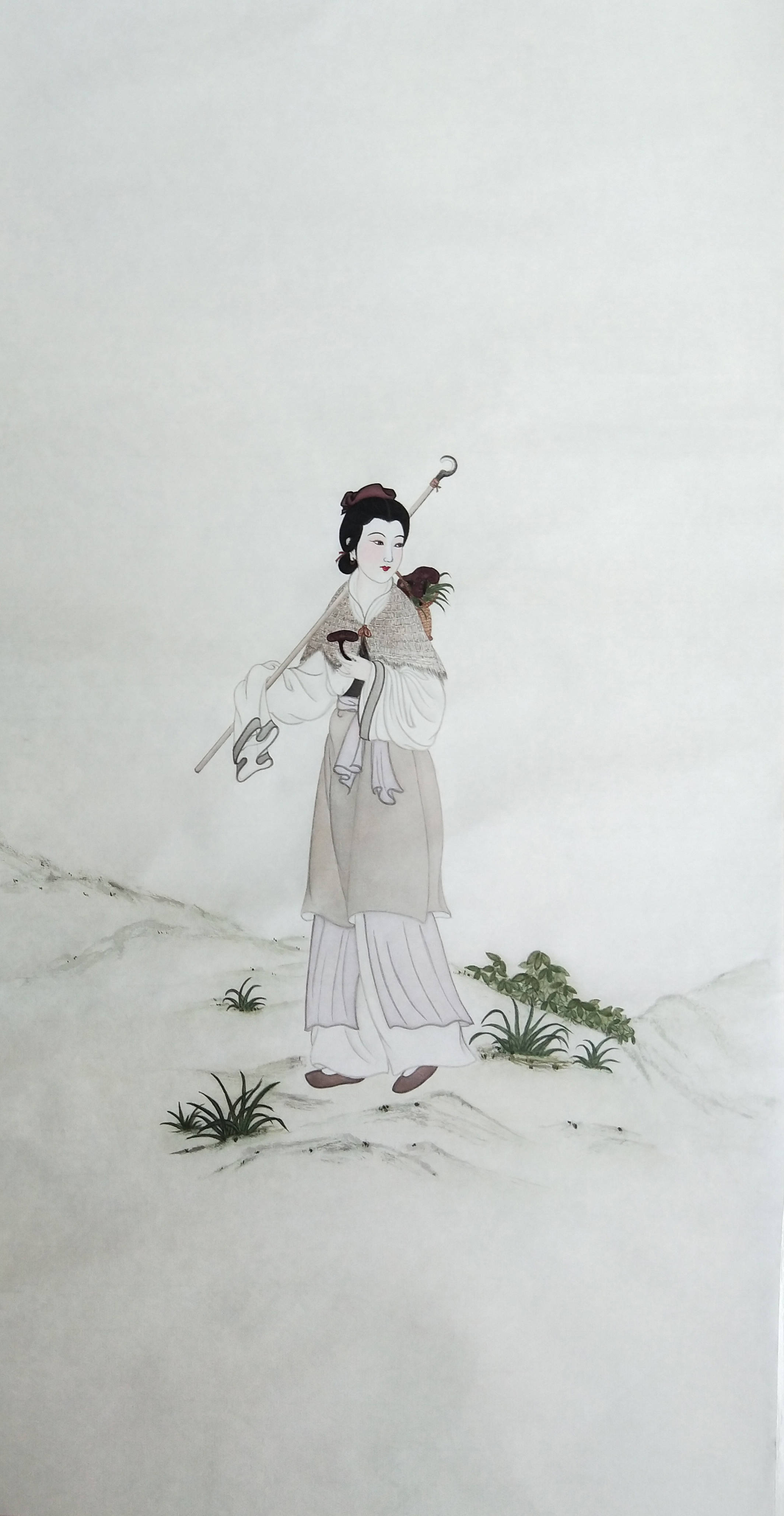 采芝图(黄丽燕国画归隐山林隐居生活采灵芝仕女图)_纸本_布衣_门槛