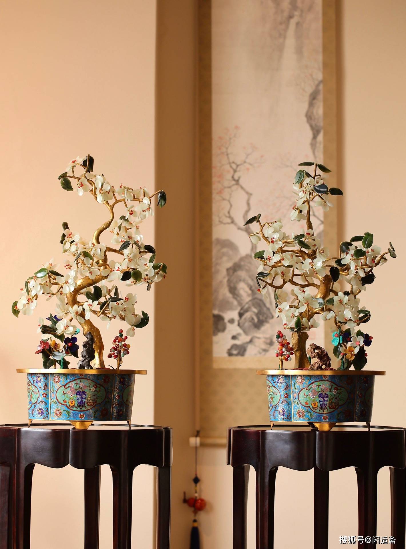 清宫奢华,景泰蓝掐丝珐琅,白玉梅花盆景_宫廷中_吉祥_陈设