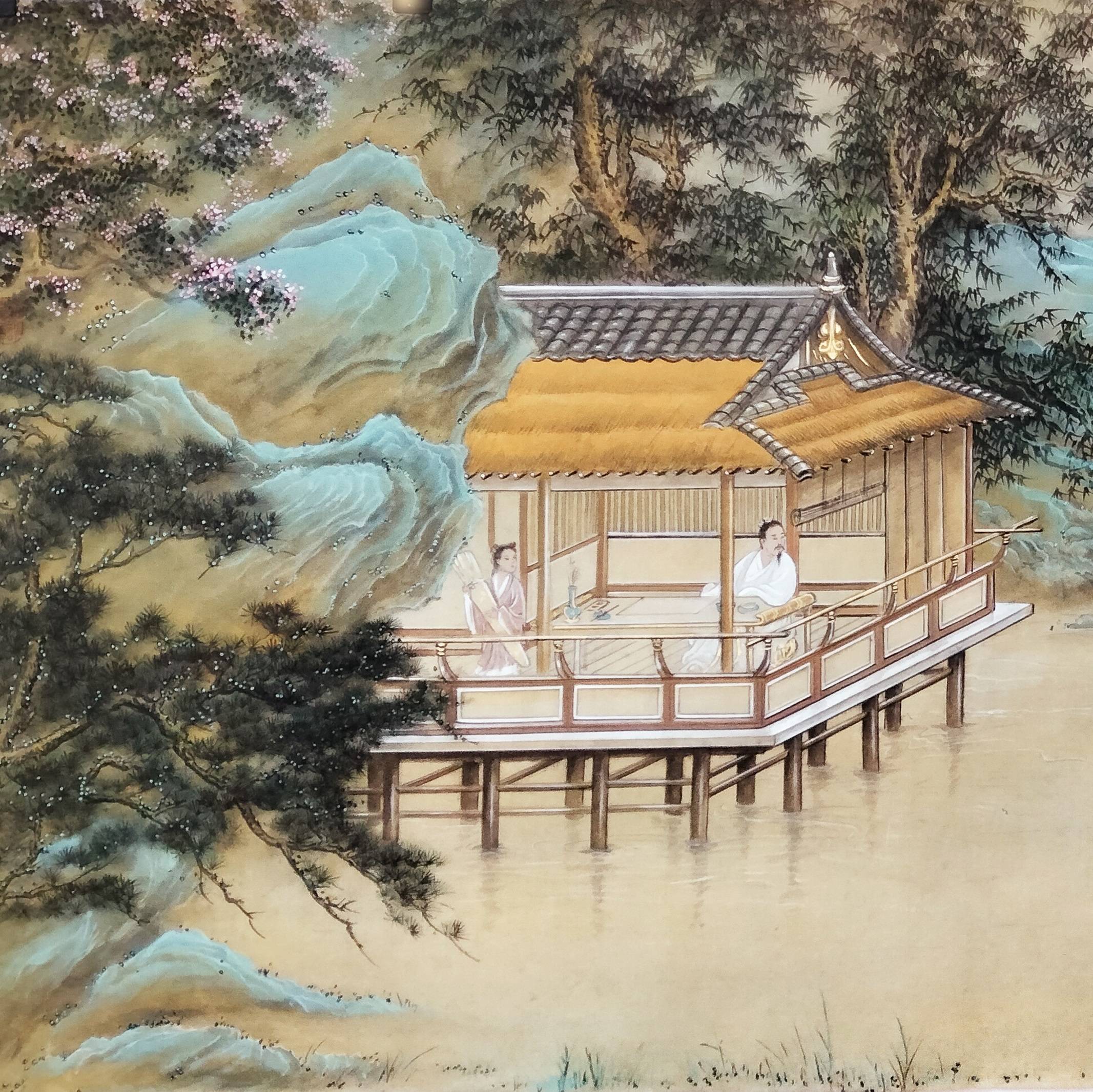 界画寒江---界画作品《王羲之观鹅图》