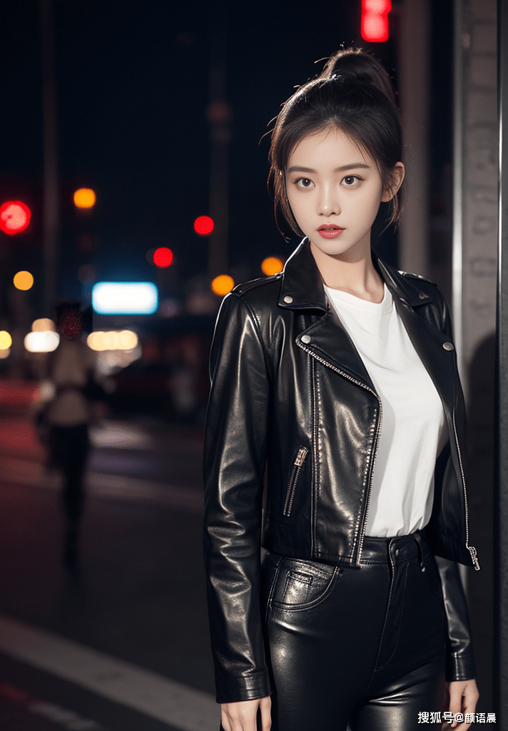 美女壁纸:繁花似锦的夜晚,黑色皮衣女神的时尚魅力_街道_都市_皮夹克