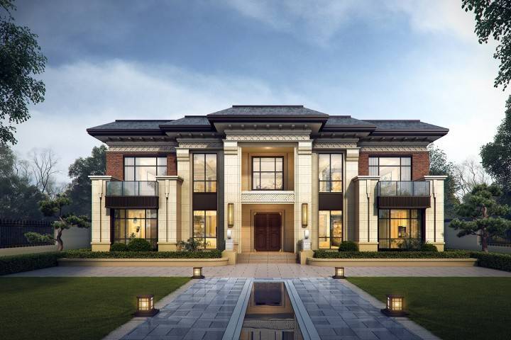 陕西西安丨19×14m二层新中式风格乡住自建别墅,造型方正雅致,颜色