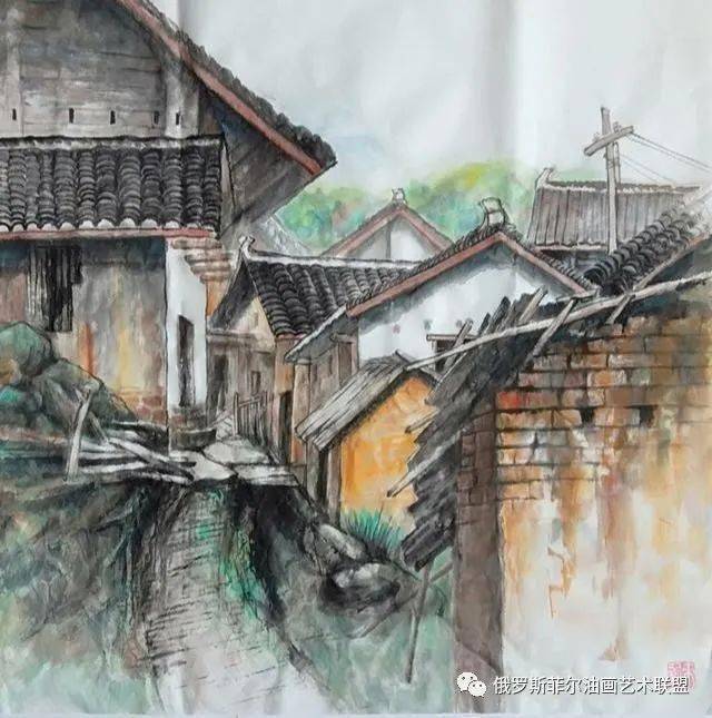 中国画家刘烈恒乡村风情一老屋系列绘画作品欣赏