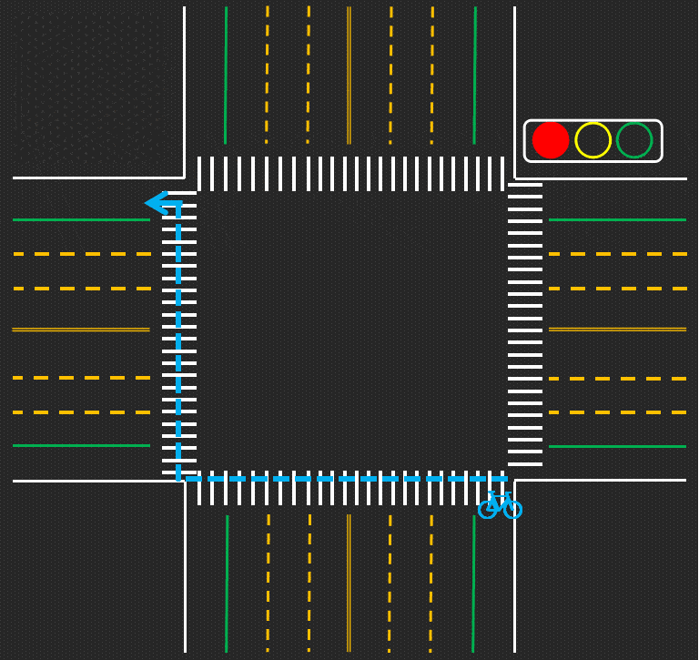 通行路线:无左转箭头信号灯路口,非机动车左转,只能逆时针二次过街