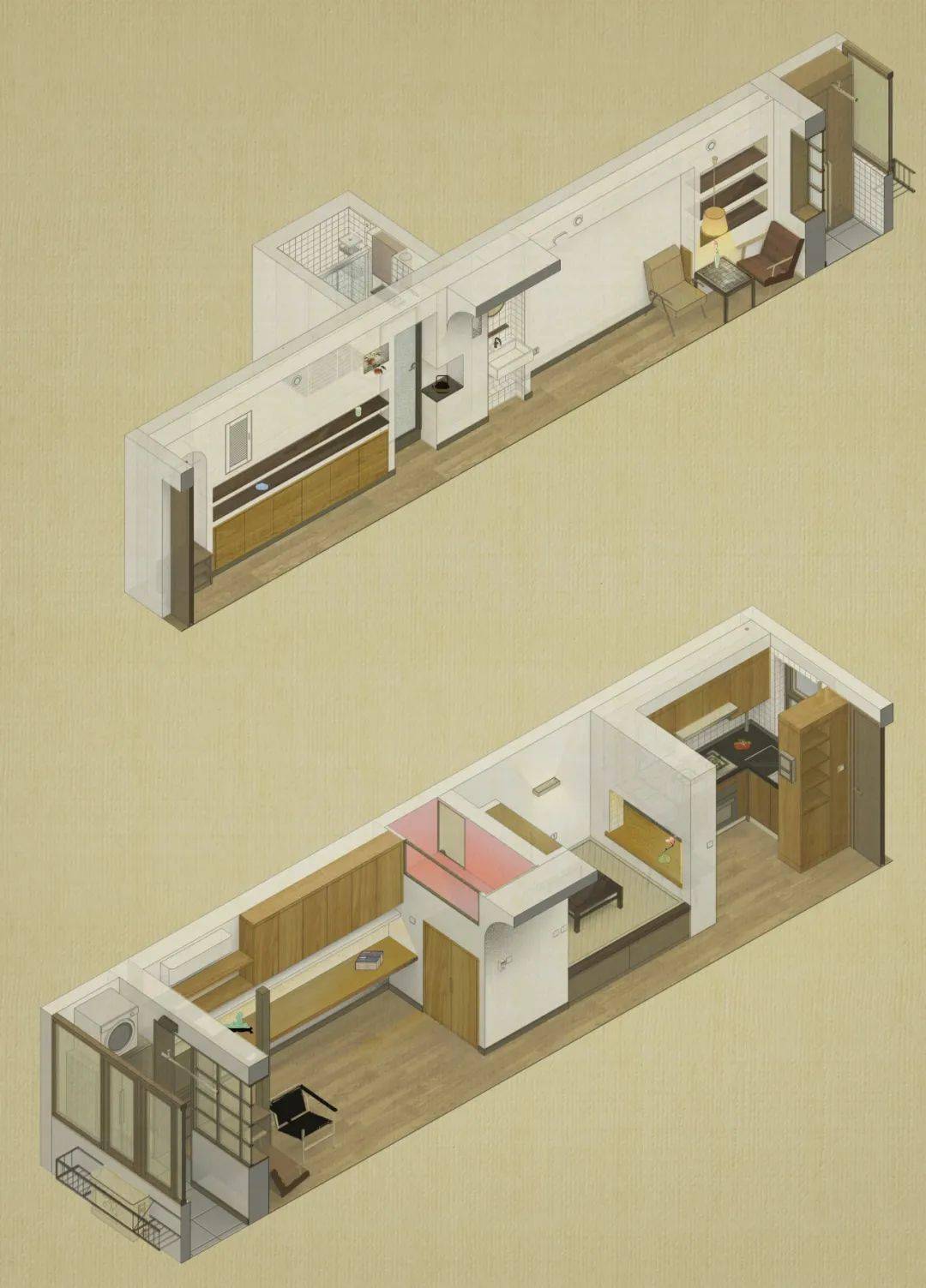室内空间剖切轴测图, 分别为北侧与南侧墙面