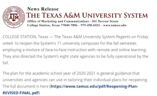德州农工大学,今秋重启校园
