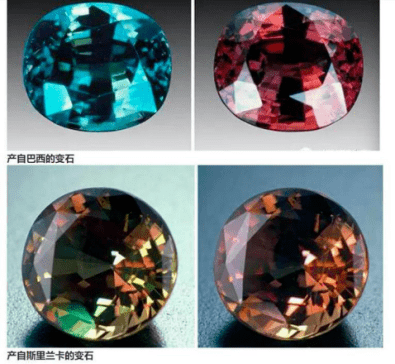 俄罗斯产出的亚历山大变石的绿色与红色多为蓝绿色和