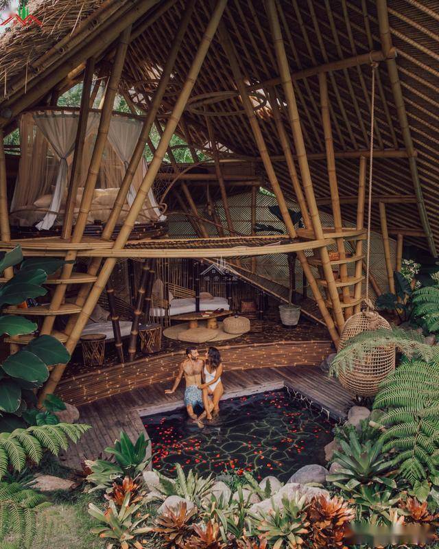 90后设计师用竹子建造一套开放式的厨房阁楼式的卧室带温泉的小屋