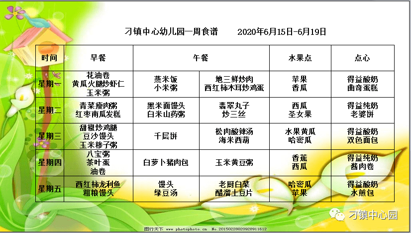 刁镇中心幼儿园一周食谱 2020年6月15日——6月19日