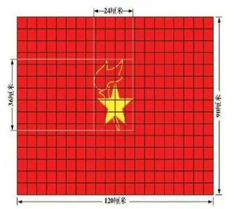 底寬60釐米的等腰三角形,形成一個三角形缺口,五角星及火炬在以60釐米