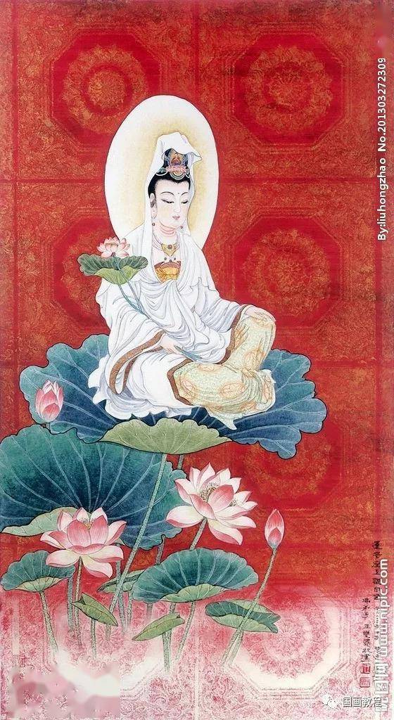 菩提树下莲花菩萨工笔画愿你观音永保快乐平安