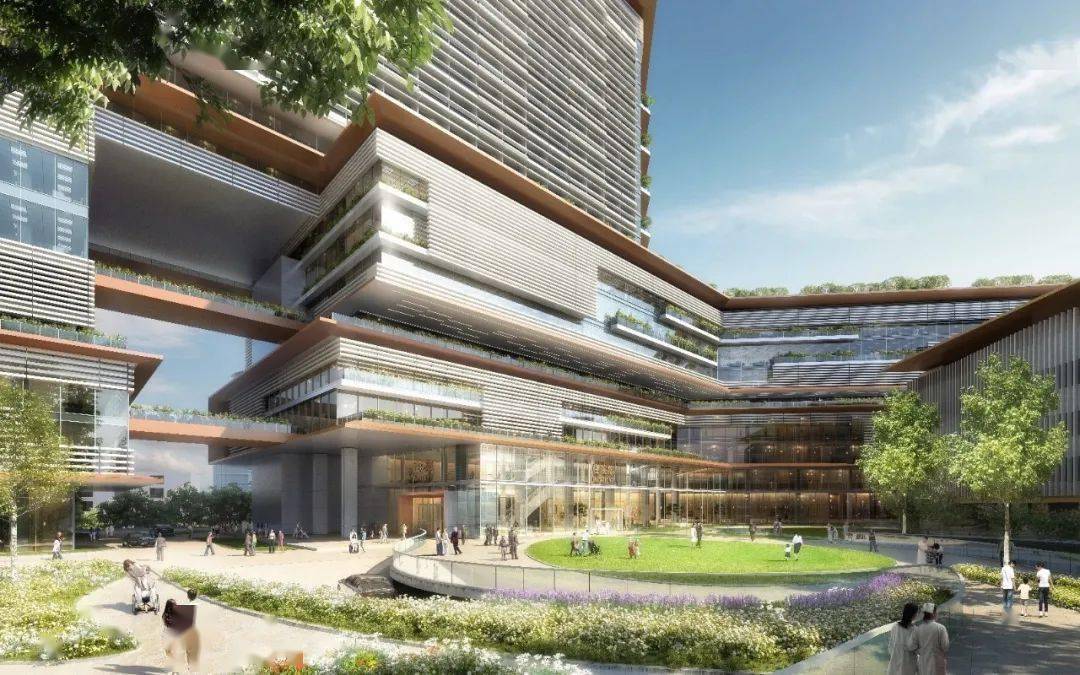 行人通过南侧入口广场进入院区,经景观台阶,到达通过建筑形体围合出的