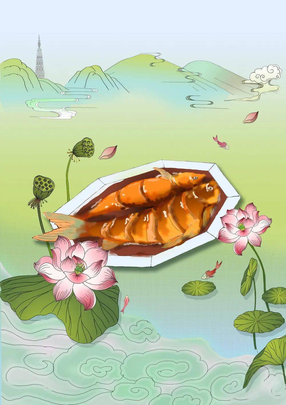 西湖醋鱼 简笔画图片