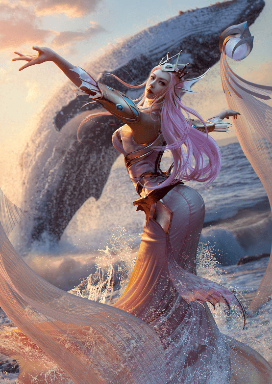 王者荣耀cos:水下幻海之心正片,人鱼尾让人怦然心动,海面上的女帝绝美