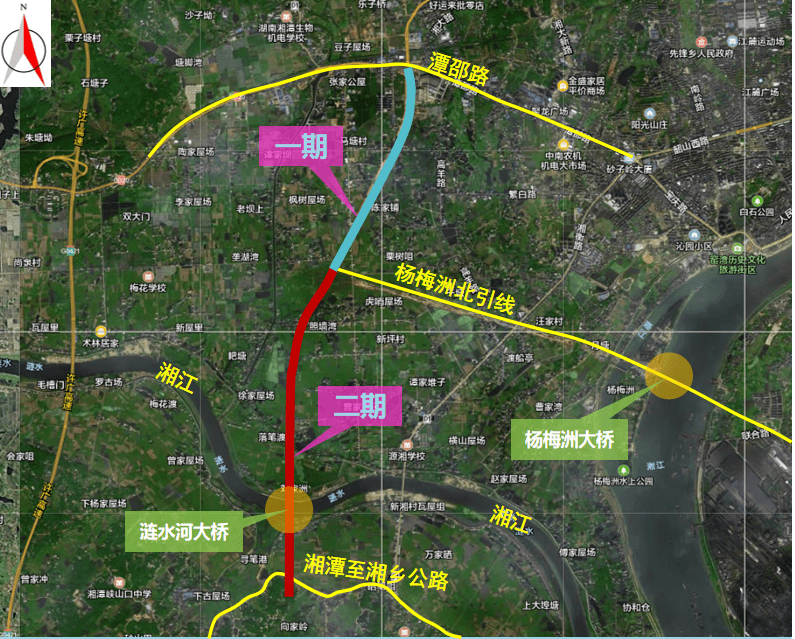 西二环(二期)项目北起杨梅洲大桥北引线,南至湘潭与湘乡公路交叉口