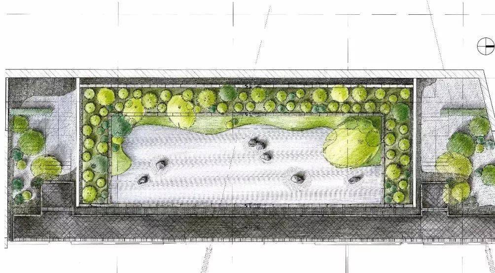 整个空间是一个枯山水的空间.在白砂中配置了景观石.