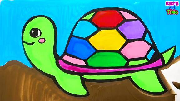色彩绘画涂鸦早教学颜色,教小朋友画小乌龟用颜料笔涂上彩色