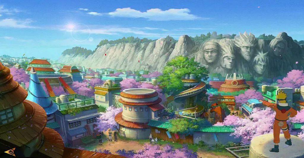 独具特色的圆形建筑与远处的火影岩,都高度还原了原作中的木叶景象,让